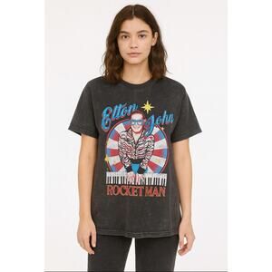 ☀️Elton John Rocket Man Rhinestones Official Merch Tee Black Multi Women's Large